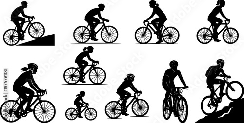 people riding bicycle silhouette set on white background, vector
