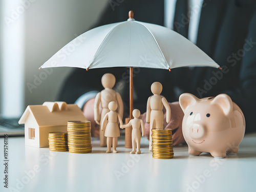 family under umbrella with piggy bank and coins, financial security concept