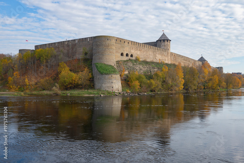 View of the ancient Ivangorod fortress on a cloudy October day. Leningrad region, Russia