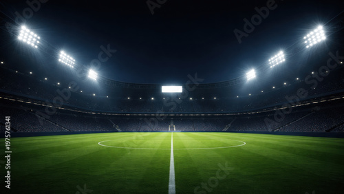 Night football stadium with bright lights and empty green field. Concept of professional sport venue, competition atmosphere, event background, dramatic lighting.