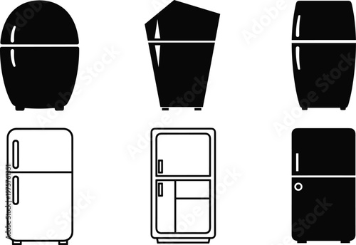 Refrigerator silhouettes set, kitchen appliance icons, black and white fridge designs, household cooling storage, modern and retro refrigerator illustration symbols