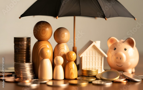 family protection and savings concept with wooden figures under umbrella