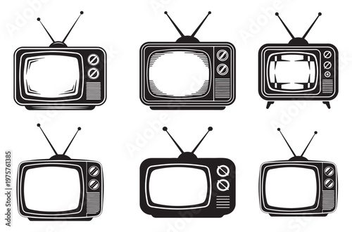 Set of six vintage television icons with antennae set against a transparent grid background representing old technology and retro media