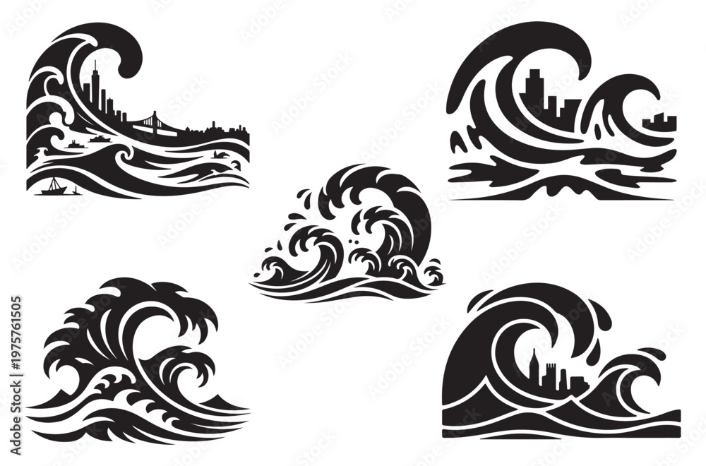 Fototapeta premium Stylized black silhouette wave patterns with abstract city skylines and bridges depicting coastal urban environments and ocean power