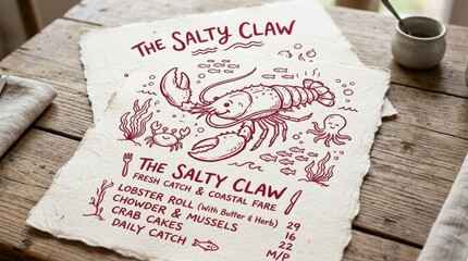 Whimsical lobster line drawing with marine character, red seafood outline on a clean backdrop, playful coastal menu mood, tactile ink-and-paper finish, photorealistic handcrafted detail,no logos