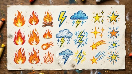 Fire, thunder, and star doodle icon set with crayon and chalk scribble texture, playful energetic symbols, rough handmade strokes, punk-pop visual rhythm, photorealistic crafted-paper finish,no logos