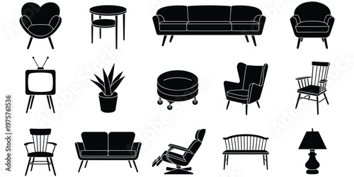 Furniture silhouette illustration, home decor icons artwork, sofa and chair vector design, interior decoration drawing, black and white style