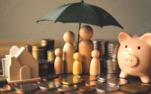 family protection and savings concept with umbrella over wooden figures