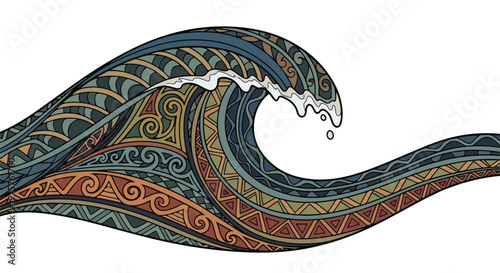 Fluid tribal wave illustration, smooth organic wave with decorative tribal patterns, calming composition, wall art vector