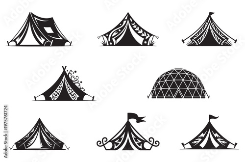 Set of camping tents silhouettes with decorative patterns and outdoor elements featuring dome tent teepee and canopy styles for tourism adventures camping trips and forest leisure