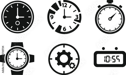 Clock and time icons set, analog wristwatch, stopwatch, digital clock, gear with time symbol, office productivity, time management illustration