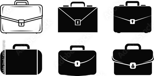 Briefcase silhouettes set, business bag icons, black and white office symbols, professional work case illustration, corporate design, career, job, business tool