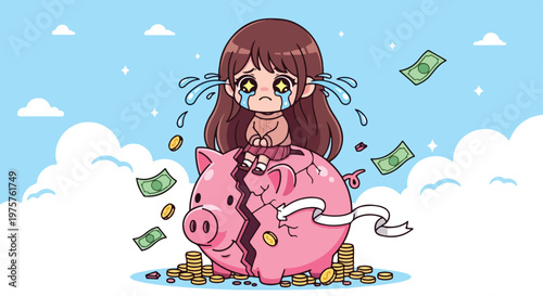 Cute cartoon girl with glasses and long hair saving money by putting coins into a pink piggy bank outdoors on a bright