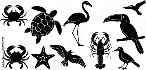 Tropical marine animal silhouette set in black. Includes crab, turtle, flamingo, toucan, lobster, starfish, and birds. Perfect for beach, summer, and ocean-themed designs