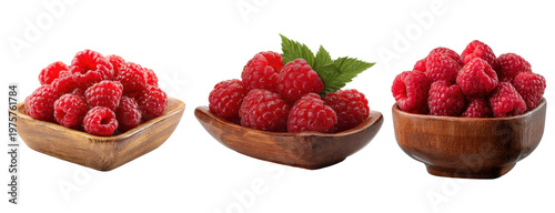 rasberry in wooden bowl isolated on transparent background