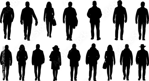 Vector detailed silhouettes set of standing people male and female full body front view with body gesture isolated on white background. Crowd, group of people vector illustration