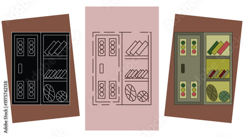 School Locker and Sports Equipment Storage Icon Set for Student Life Illustration