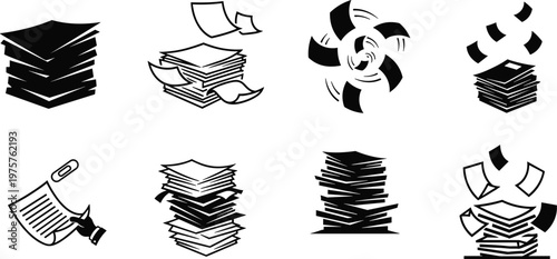 Paperwork document stack icons, flying sheets illustration, office files, editing and reviewing symbols, business paperwork, productivity tools, document management design