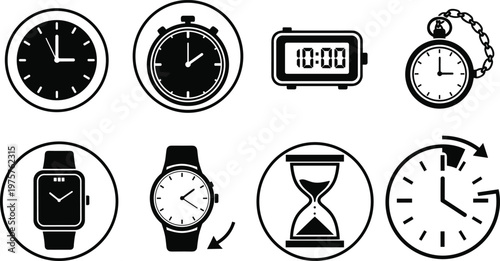 Timekeeping device icons set, wall clock, stopwatch, pocket watch, wristwatch, smartwatch, hourglass, digital clock, time measurement, passage of time