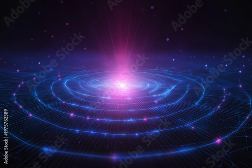 Futuristic abstract background of glowing wireless signals radiating from a central node, neon blue and purple gradients, interconnected digital grid, high-tech atmosphere