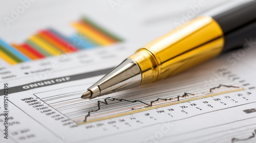 Close-up of a luxury pen resting on financial reports with detailed graphs and colorful charts, reflecting modern business and investment insights