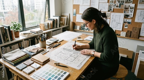 Interior architect in a design studio drawing a blueprint by hand, surrounded by material samples, color swatches, and art tools, refined creative atmosphere, natural tabletop lighting,