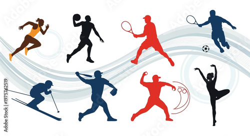 Colorful silhouettes of various sportsmen in action.