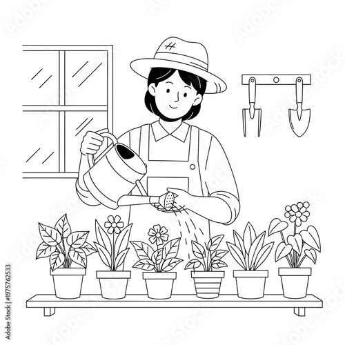 Gardening Woman Watering Flowers Illustration – Stock Photo