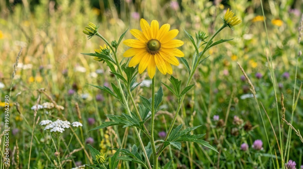 Fototapeta premium Cutleaf coneflower with bright golden petals and tall flowering stems, frontal isolated wildflower display in fresh daylight, lively meadow atmosphere, ultra-realistic, no logos.