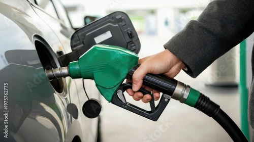 Person refueling car at gas station, close-up