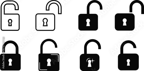 Unlocked padlock icons set, open lock symbols, black and white security illustration, access granted, privacy, permission, protection, user interface design