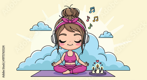 Cute young girl practicing yoga meditation on a purple mat surrounded by clouds and candles in a peaceful indoor setting
