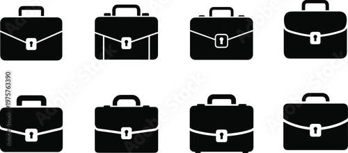Briefcase icons set, business bag silhouettes, black and white office symbols, professional work case illustration, corporate design, career, job, business tool