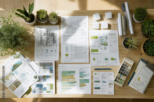 Top view of a wooden desk covered with sustainability reports, LEED certification documents, and architectural plans for eco buildings, surrounded by small indoor plants