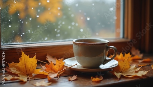 Warm cup of tea sits on windowsill with fallen leaves. Rain streaks window glass outside, creating cozy autumn mood. Drink indoors, relax on cool day.