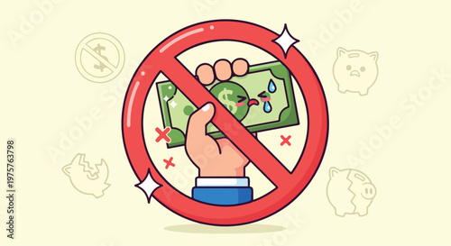Hand holding a dollar bill with a prohibition sign indicating no money or financial restriction concept