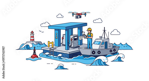 A technician in a hard hat stands on a floating fueling station in choppy blue water while operating a drone overhead in this bright maritime scene.