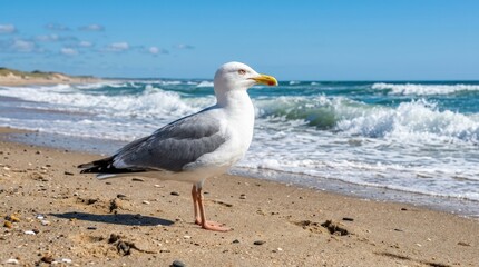 A seagull standing on sandy beach with ocean waves behind on a sunny day, crisp plumage detail, clear sky and classic coastal wildlife mood, ultra-realistic, no logos.