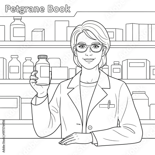 Pharmacist Holding Medication Bottle in Pharmacy Setting Black and White Illustration