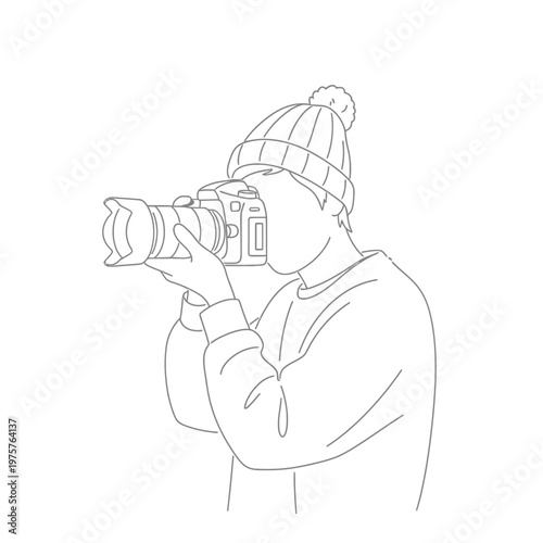 Photographer Taking Picture With Digital Camera Wearing Winter Hat Line Art Illustration