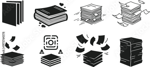 Black and white document stack icons, paperwork illustration set, office files, digital archive, workflow organization, business paperwork, abstract paperwork symbols