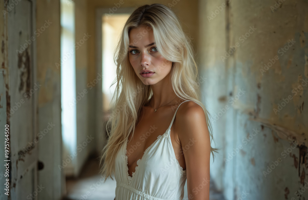 Fototapeta premium Young blond woman in white dress stands in old house hallway. Long hair falls over shoulders. Serious expression on face. Interior shows peeling paint, weathered walls. Looks thoughtful, calm,
