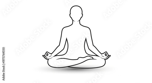 Person sitting in lotus position meditating in calmness and serenity with minimalist line art on white background