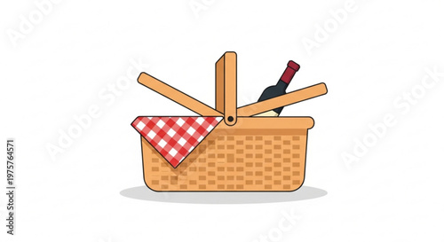 Picnic basket with wine and red checkered cloth outdoors