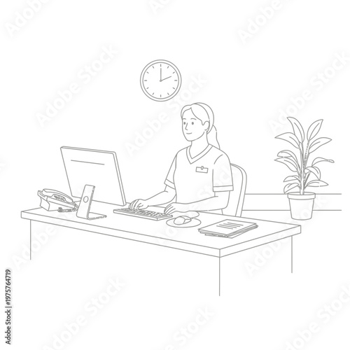 Receptionist Working at Desk With Computer and Phone in Office Setting