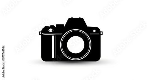 Black camera icon with white outline on plain white background simple graphic design element