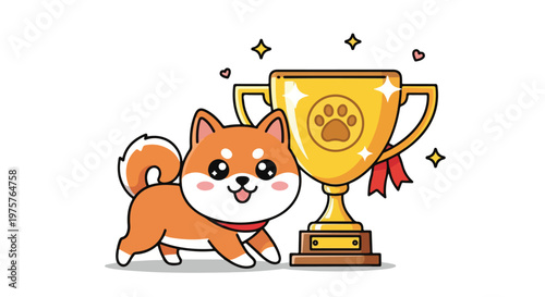 Cute cartoon Shiba Inu dog with a happy expression standing next to a large golden trophy with a paw print emblem