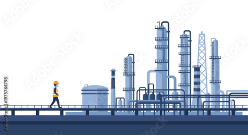 A worker in a safety vest walks along a metal bridge at a massive industrial refinery plant with tall pipes in this detailed blue-toned vector scene.