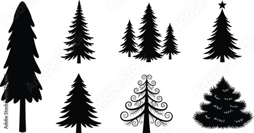 Pine tree silhouette collection, Christmas and decorative evergreen designs, black conifer illustration set for holiday, forest, logo, seasonal art