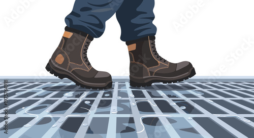 Close-up of heavy-duty work boots walking across a wet, metallic industrial grating surface with water droplets in this textured industrial perspective.